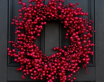 Mixed Red Berry & Belgium Pine Front Door Rustic Holiday Christmas