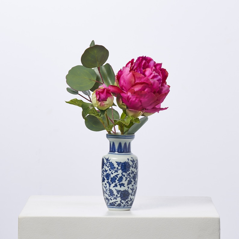 Fuchsia Half Open Peony Bloom & Silver Dollar Eucalyptus Mini Arrangement in Chinoiserie Vase image 1