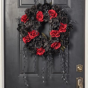 Gothic Romance - Deep Red & Black Rose, Peony Pinecone Halloween Front Door Fall Wreath