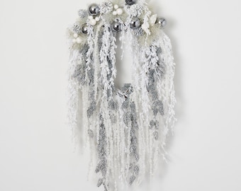 Glistening Crystal Cascade - Snowy White Cedar, Beaded Crystal Icicle & Glitter Pinecone Draping Winter Holiday Wreath