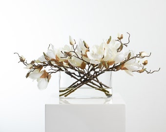 White Magnolia Blossom Branch Centerpiece Water Illusion Arrangement in Oval Pocket Vase