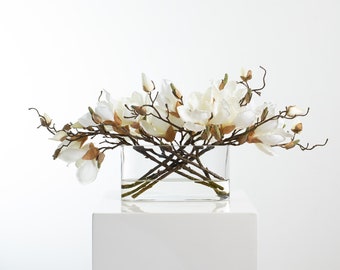 White Magnolia Blossom Branch Centerpiece Water Illusion Arrangement in Oval Pocket Vase