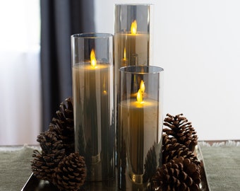 Tall Moving Flameless LED Smokey Glass Pillar Candles with Remote- Set of 3