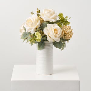 Mixed Cream Rose & Snowball Floral Bouquet in White Tall Cylinder Vase Spring Fall Arrangement