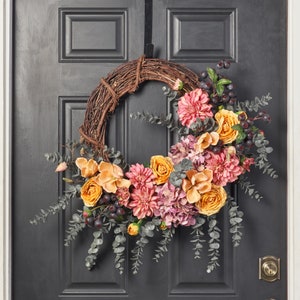 Autumn Evenings - Lavender Hydrangea, Mauve Dahlia, Orange Ranunculus Midnight Eucalyptus Front Door Fall Wreath