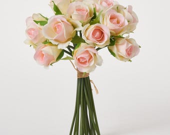 Light Pink Silk Mini Sweetheart Rose Blooms Bouquet Bundle of 15 Stems - 9"
