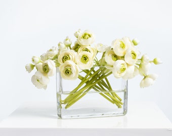 Cream & Green Mini Ranunculus Centerpiece Water Illusion Flower Arrangement in Modern Vase