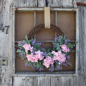 Light Pink Hydrangea, Lavender & Eucalyptus Asymmetrical Everyday Spring Front Door Wreath