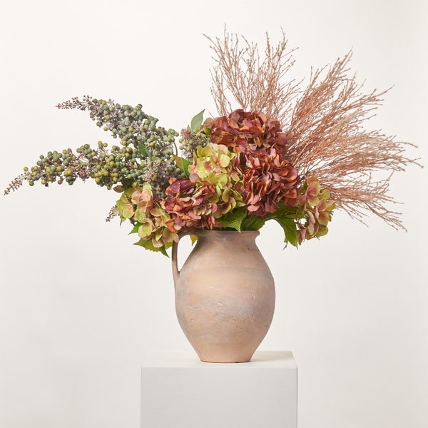 Green & Brown Mixed Hydrangea, Terracotta Pampas Grass, Seeding Berry Spray Large All Seasons Arrangement in Artifact Pitcher Vase