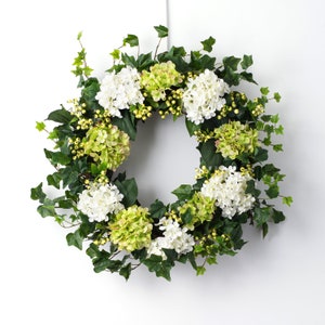Green & White Hydrangea, English Ivy, Pepper Berry Everyday Spring Wreath