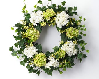 Green & White Hydrangea, English Ivy, Pepper Berry Everyday Spring Wreath