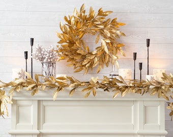 Antiqued Gold Bay Leaf Christmas Holiday Front Door Garland Table Runner