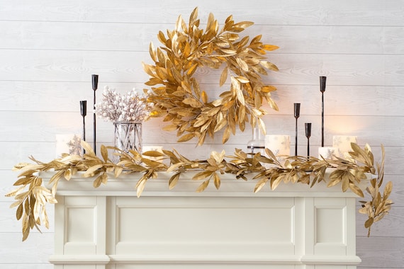 Antiqued Gold Bay Leaf Christmas Holiday Front Door Garland Table Runner