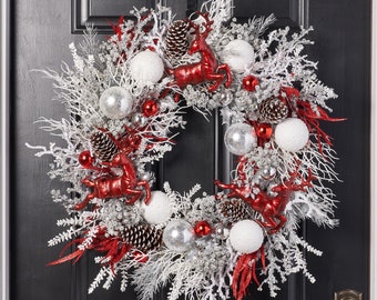 Dashing Through the Snow - Leaping Deer, Ornaments with Snowy Branches & Berries Pre-lit Christmas Holiday Front Door Wreath