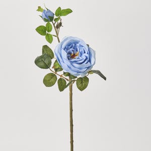 May include: A single stem artificial blue rose with green leaves and a bud.