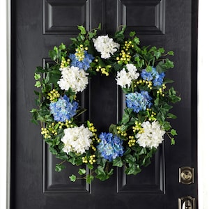 Blue & White Hydrangea, English Ivy, Pepper Berry Everyday Spring Wreath
