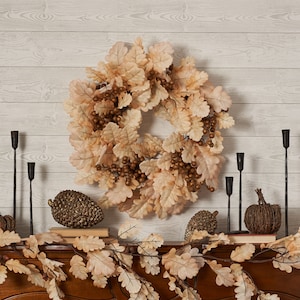 Bleached Cream Oak Leaf & Toffee Brown Berry Fall Autumn Mantle Front Door Wreath