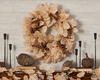 Bleached Cream Oak Leaf & Toffee Brown Berry Fall Autumn Mantle Front Door Wreath