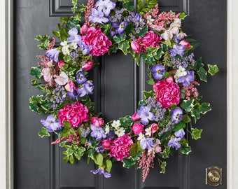 Beautiful Day - Pink Peony, Purple Iris & Ivy Spring Summer Front Door Wreath