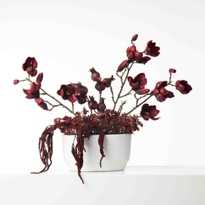 Burgundy Tree Magnolia, Autumn Amaranth & Harvest Red Pomegranate Large Fall Faux Floral Arrangement in White Planter Pot