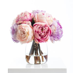 Real Touch Mixed Pink & Lavender Peony Bouquet Spring Summer Water Illusion Arrangement in Tear Drop Glass Vase