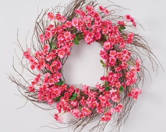 Bright Pink Plum Blossom & Wild Branch Front Door Spring Summer Wreath 24"