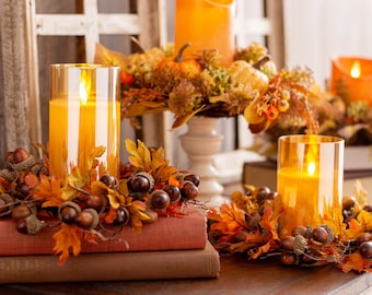 Autumn Leaves & Acorn Fall Mini Wreath Centerpiece Candle Ring Set of 2