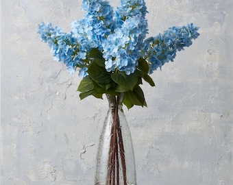 Light Blue Hydrangea Centerpiece in Recycled Glass Vase, Water Illusion