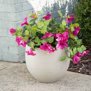May include: A white ceramic planter with a round shape, filled with a pink flowering plant. The plant has green leaves and pink flowers.