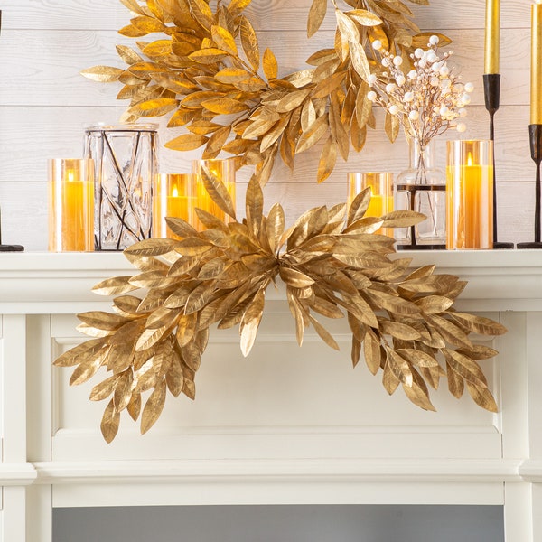 Antiqued Gold Bay Leaf Christmas Holiday Mantle Swag