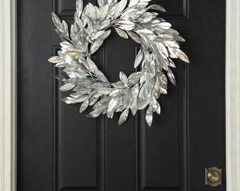 Metallic Silver Bay Leaf Christmas New Years Front Door Mantle Wreath