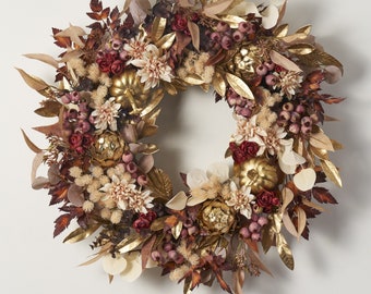 Autumn Enchantment - Gilded Bay Leaf, Beauty Rose, Dusty Mauve Berry & Golden Pumpkin Fall Front Door Wreath