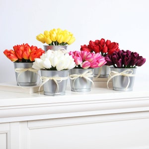 Mini Tulip Faux Floral Everyday Spring Arrangement Centerpiece in Metal Tin image 1