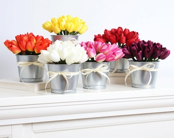 Mini Tulip Faux Floral Everyday Spring Arrangement Centerpiece in Metal Tin