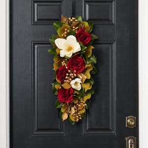 Real Touch Magnolia, Metallic Gold Crabapple, Red Queen Rose, Pine & Pinecone Hanging Christmas Swag