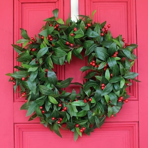 Green Laurel & Red Berry Front Door Christmas Holiday Wreath