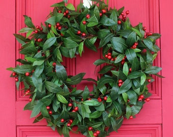 Green Laurel & Red Berry Front Door Christmas Holiday Wreath