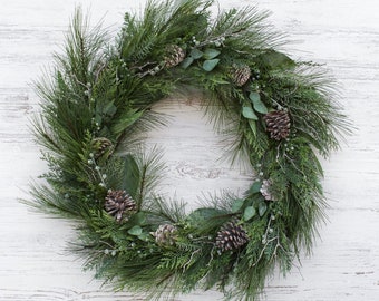 Natural Touch Pine & Eucalyptus Winter Foliage Branches Pinecone Holiday Christmas Wreath - Large 36 Inch