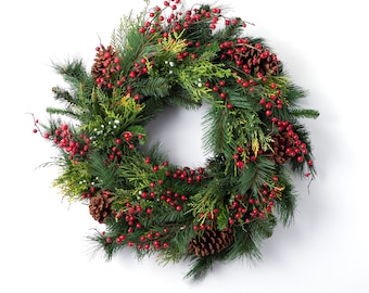 Classic Mixed Pine, Cedar, Red Winter Berry & Pinecone Christmas Front Door Wreath