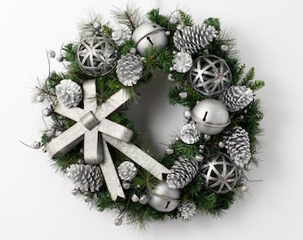 Industrial Metal Christmas Wreath with Silver Jingle Bells, Wired Balls & Galvanized Bow