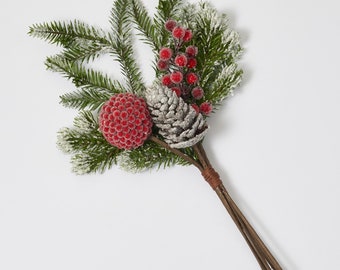 Snow Tipped Pine, Iced Red Berry Ball, & Pinecone Winter Holiday Pick
