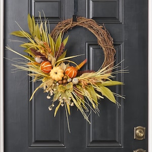 Orange Pumpkin Spice - Fall Green Eucalyptus, Wheat & Berry Asymmetrical Autumn Front Door Wreath