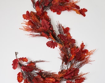 Fall Flame - Burgundy Red Autumn Oak Leaf with Flocked Fountain Grass & Acorns Fall Table Runner Mantle Garland