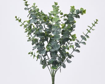 May include: A bundle of artificial eucalyptus stems with green, round leaves. The stems are a darker green and converge at the base. The leaves vary in size and are arranged along the stems, creating a full, natural appearance. Perfect for home decor.