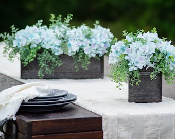 Soft Blue Hydrangea & Mixed Eucalyptus Everyday Floral Arrangement Centerpiece in Metal Tin Window Planter Box - 3 Size Options