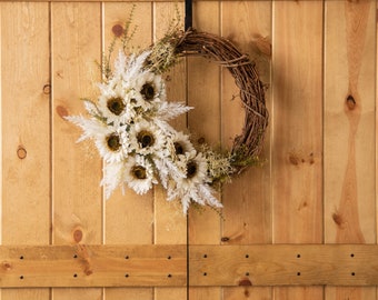 Autumn In Full Bloom - White Sunflower & Faux Pampas Grass Asymmetric Front Door Fall Wreath