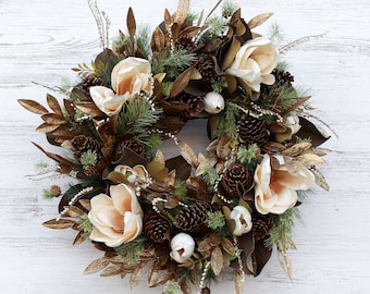 Cream Real Touch Magnolia, Antique Gold Eucalyptus & Mixed Pine Front Door Christmas Estate Wreath 30"