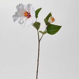 Tropical White Hibiscus Spray Bloom & Bud Faux Floral Stem - 26"