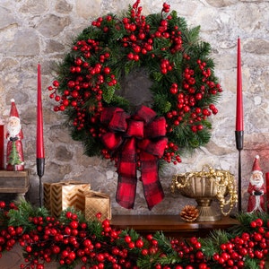 Mixed Red Berry & Belgium Pine Front Door Rustic Holiday Christmas Wreath with Red Glitter Plaid Bow