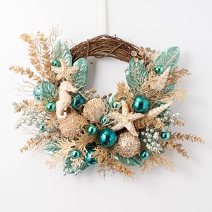 Under the Sea - Gold & Seafoam Glitter Sequin Coastal Christmas Beach Holiday Front Door Ornament Wreath, Beaded Magnolia Leaf, Cedar